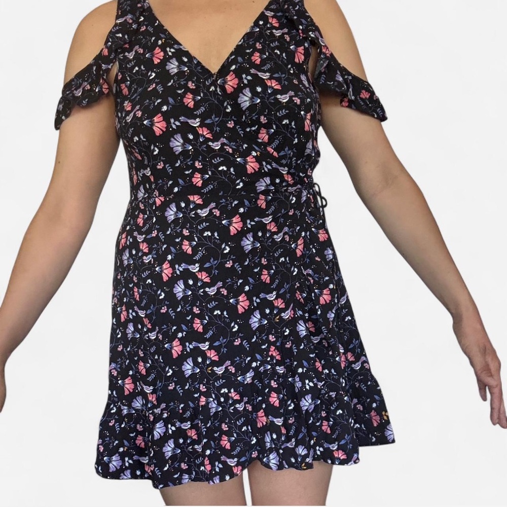 Floral Wrap Cold Shoulder Dress - Black and Pink